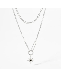 Fashion Inlay Rhinestones Star Pendent Stainless Steel Necklace-Steel Color-Black