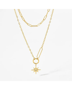 Fashion Inlay Rhinestones Star Pendent Stainless Steel Necklace-Gold Color-White