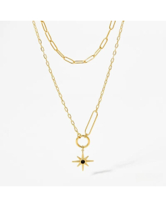 Fashion Inlay Rhinestones Star Pendent Stainless Steel Necklace-Gold Color-Black