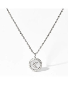 Retro Round Moon Inlay Shell Pendant Stainless Steel Necklace