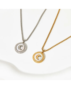 Retro Round Moon Inlay Shell Pendant Stainless Steel Necklace