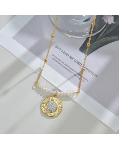 French Style Round Stainless Steel Artificial Pearl Patchwork Gold Plated Rhinestones Pendant Necklace Colorza