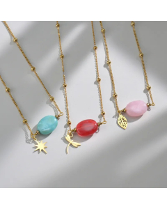 Leaf Dragonfly Gold Plated Natural Stone Stainless Steel Pendant Necklace Colorza