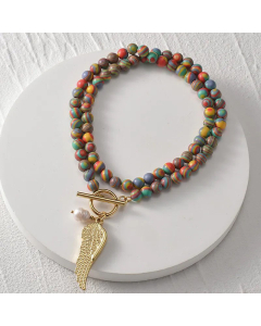 Ethnic Style OT Buckle Gold Plated Leaf Wings Stainless Steel Beade Necklace Colorza