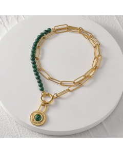 Vintage Round Lock Pendent Stainless Steel Beaded Patchwork Gold Plated Necklace Colorza