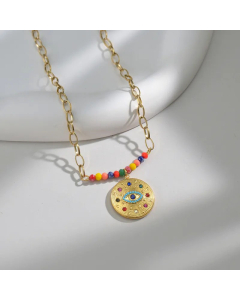 Retro Gold Plated Color Rhinestones Round Devil's Eye Stainless Steel Pendant Necklace Colorza