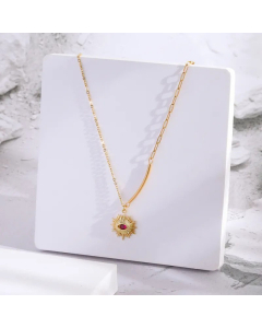 Fashion Eye Inlay Rose Red Zircon Pendant Stainless Steel Necklace Colorza