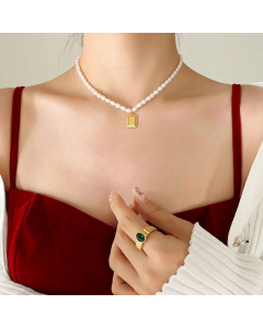 French Style Square Titanium Steel Plating Artificial Pearls Zircon Pendant Necklace Colorza
