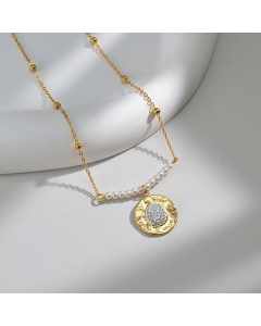 Retro Round Devil's Eye Stainless Steel Inlay Artificial Pearls Rhinestones Necklace