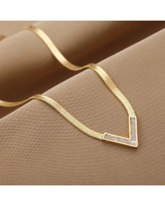 Fashion Plating Shell V Shape Titanium Steel Necklace-Gold Color-White
