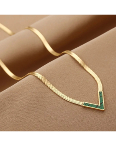 Fashion Plating Shell V Shape Titanium Steel Necklace-Gold Color-Green