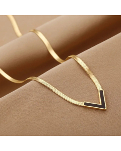 Fashion Plating Shell V Shape Titanium Steel Necklace-Gold Color-Black