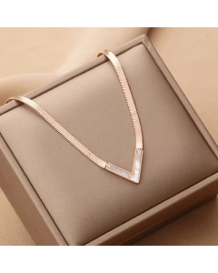 Fashion Plating Shell V Shape Titanium Steel Necklace-Rose Gold Color-White