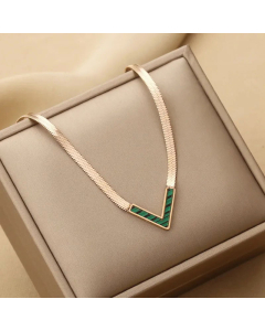 Fashion Plating Shell V Shape Titanium Steel Necklace-Rose Gold Color-Green