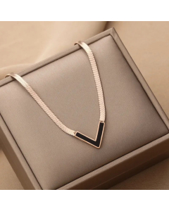 Fashion Plating Shell V Shape Titanium Steel Necklace-Rose Gold Color-Black