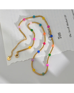 Retro Color Beads Chain Stainless Steel Inlay Natural Stone Necklace