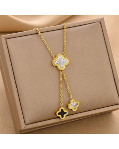 Refined Four Leaf Clover Tassel Titanium Steel Plating Zircon Shell Pendant Necklace