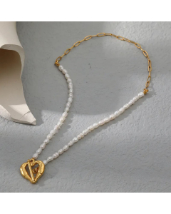 Fashion Heart Shape Pendant Stainless Steel Pearl Necklace Colorza