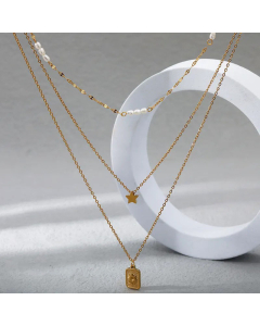 Fashion Square Sun Star Pearl Layered Stainless Steel Necklaces Colorza