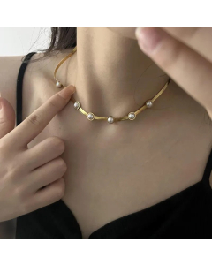 Fashion Round Plating Artificial Pearls Choker Chain Titanium Steel Necklace Colorza