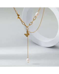 Fashion Butterfly Pearl Pendant Stainless Steel Necklace Colorza
