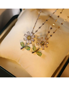 Fashion Flower Inlay Zircon Titanium Steel Pendant Necklace Colorza
