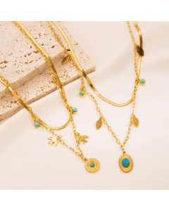 Fashion Round Gold Plated Turquoise Titanium Steel Layered Necklace Colorza