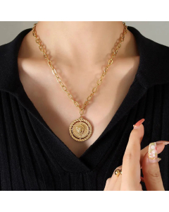 Multilayered Moon Round Lion Titanium Steel Plating Pendant Necklace