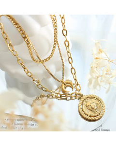 Multilayered Moon Round Lion Titanium Steel Plating Pendant Necklace