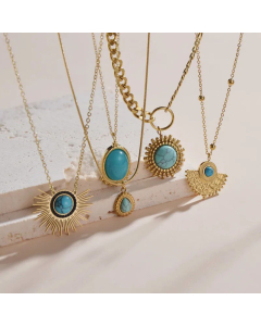 Retro Geometric Inlay Turquoise Stainless Steel Pendant Necklace Colorza