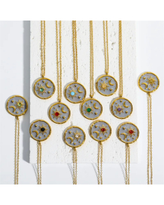 Fashion Round Sun Moon Gold Plated Zircon Titanium Steel Pendant Necklace Colorza