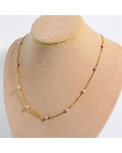 Fashion Pink Round Artificial Pearls Patchwork Titanium Steel Necklace Colorza