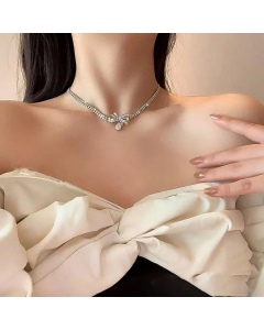 Refined Bow Knot Inlay Zircon Pendant Stainless Steel Necklace Colorza