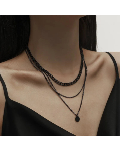 Casual Multilayered Black Round Pendent Stainless Steel Necklace Colorza