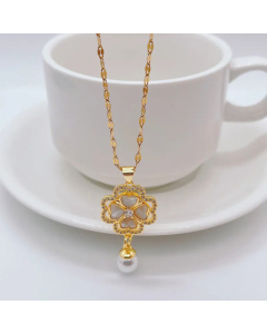 Fine Quality Four Leaf Clover Plating Inlay Zircon Pendant Titanium Steel Necklace Colorza