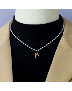 French Style Letter M Artificial Pearl Titanium Steel Pendant Necklace Colorza