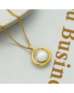 Fashion Round Inlay Pearl Pendant Titanium Steel Necklace Colorza 