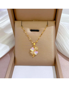 Texture Four Leaf Clover Inlay Artificial Gemstones Stainless Steel Pendant Necklace Colorza