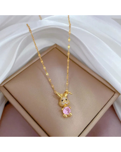 Cute Rabbit Inlay Artificial Diamond Pendant Titanium Steel Necklace Colorza
