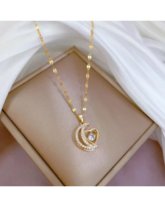 Fashion Moon Heart Shape Inlay Artificial Gemstones Pendant Titanium Steel Necklace Colorza