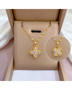 Rotatable Flower Inlay Artificial Diamond Pendant Titanium Steel Necklace Colorza