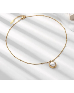 Fashion Round Inlay Pearl Titanium Steel Pendant Necklace Colorza 