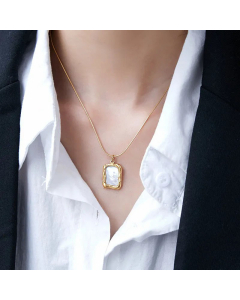 Minimalism Square Inlay Shell Pendant Titanium Steel Plating Necklace Colorza