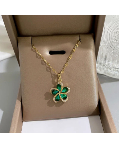 Texture Flower Inlay Artificial Gemstones Pendant Stainless Steel Necklace Colorza