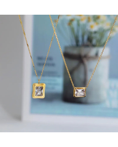 French Style Square Zircon Pendant Titanium Steel Necklace Colorza