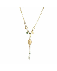 Fashion Oval Beaded Tassel Plating Pendant Stainless Steel Necklace Colorza