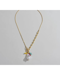 Fashion OT Buckle Beaded Pearl Stainless Steel Plating Pendant Necklace Colorza