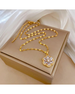 Micro Inlay Zircon Flower Pendant Stainless Steel Plating Hollow Out Necklace Colorza