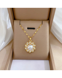 Sweet Flower Plating Inlay Pearl Zircon Stainless Steel Pendant Necklace Colorza