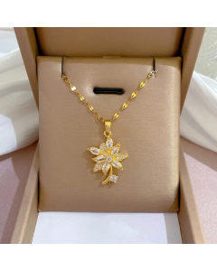 Elegant Flower Inlay Zircon Pendant Titanium Steel Necklace Colorza